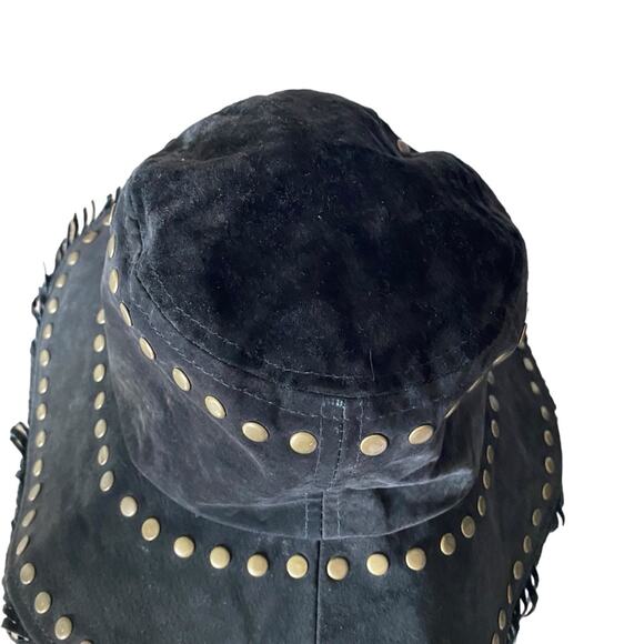 Suede Boho Black Fringe Studded Festival Bucket Hat Gold Stud one size - Picture 6 of 7